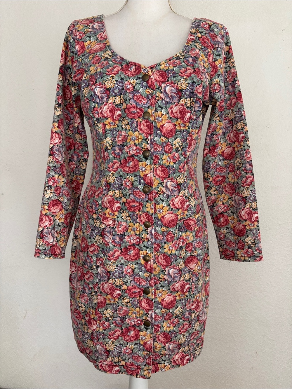 Vintage 90s Paris Blues Floral Denim Dress Long Sleeve